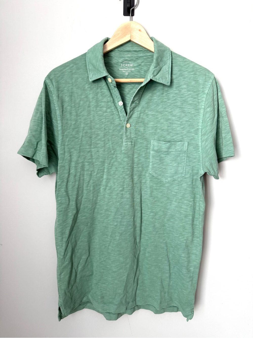 J. Crew Men's Green Garment Dyed Short-Sleeve Polo with Chest Pocket